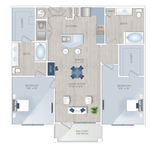 Floor plan for 2 beds, 2 baths, 1184 sqft
